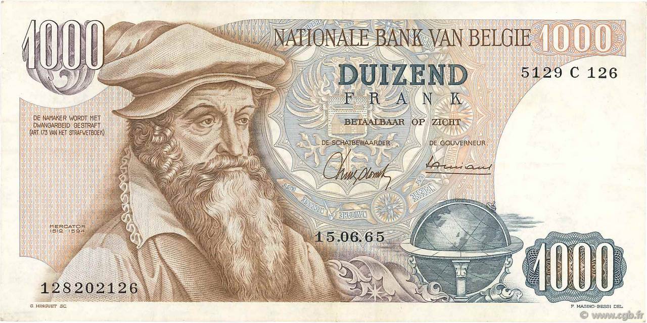 1000 Francs BELGIEN  1965 P.136a SS
