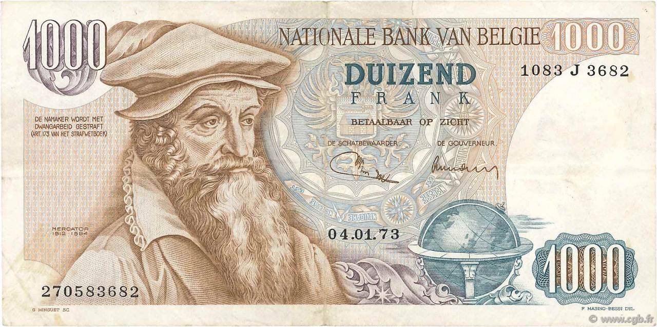1000 Francs BELGIUM  1973 P.136b VF+