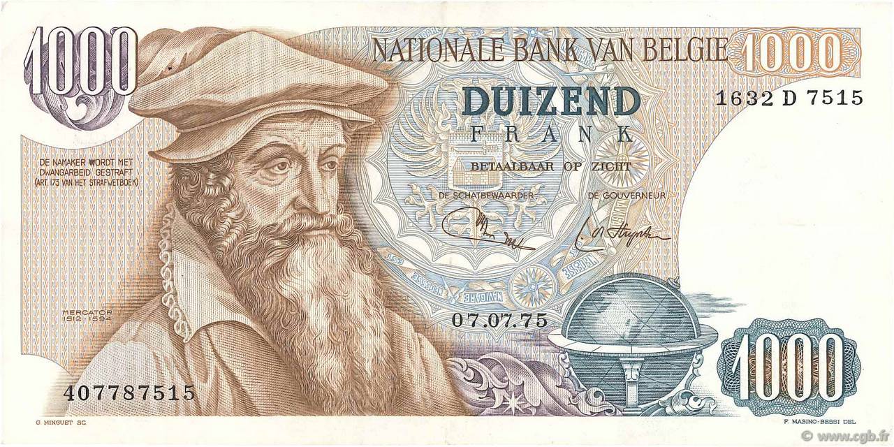 1000 Francs BELGIUM  1975 P.136b VF