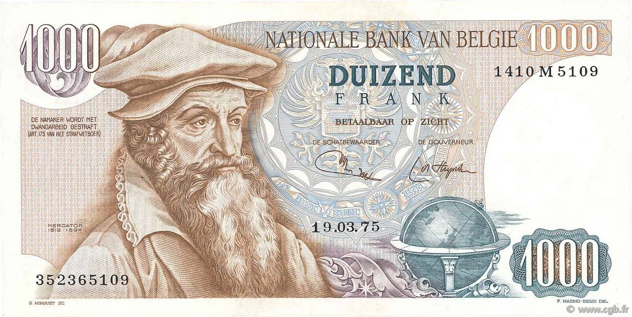 1000 Francs BELGIUM  1975 P.136b XF