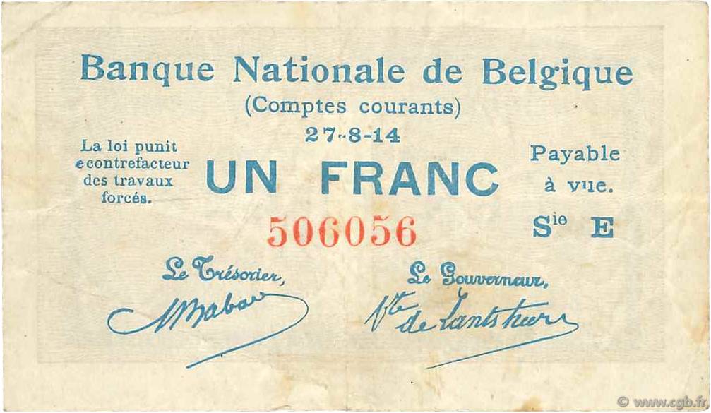 1 Franc BELGIUM  1914 P.081 VF
