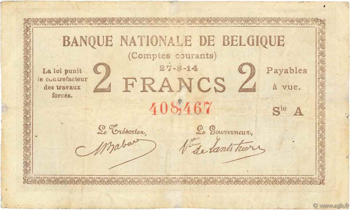 2 Francs BELGIEN  1914 P.082 fS