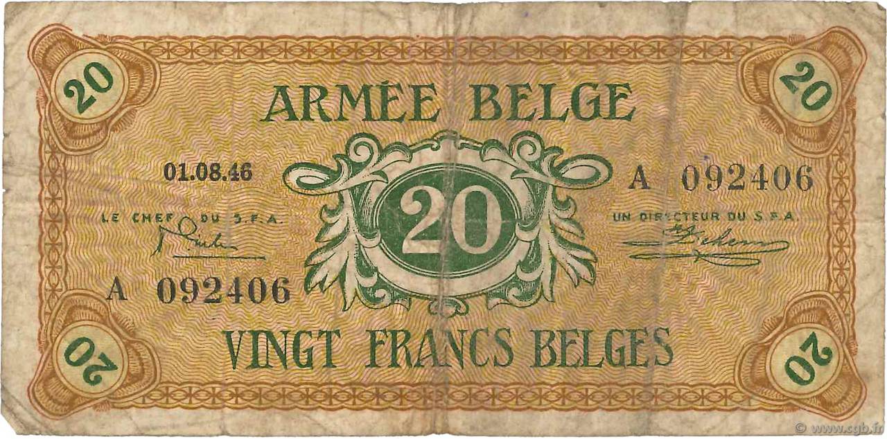 20 Francs BELGIUM  1946 P.M5a G