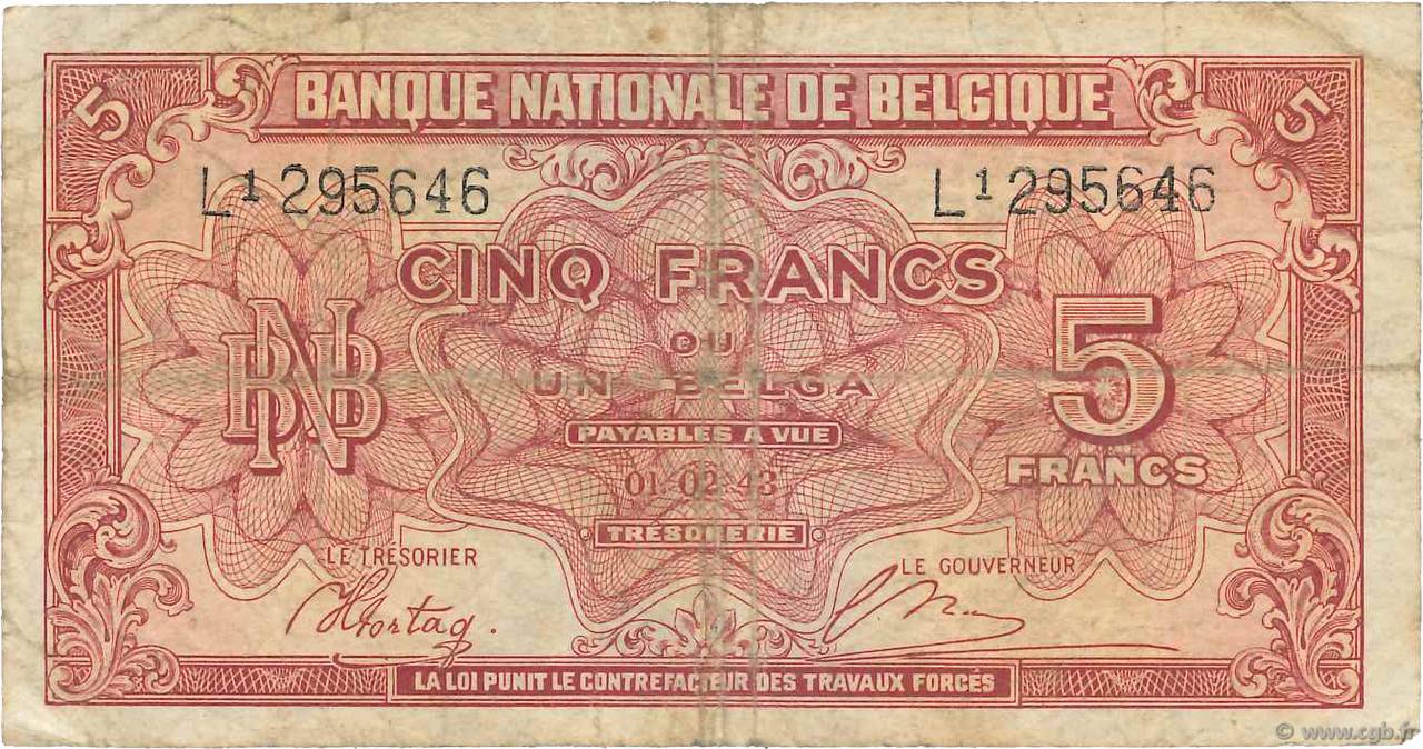 5 Francs - 1 Belga BELGIUM  1943 P.121 G