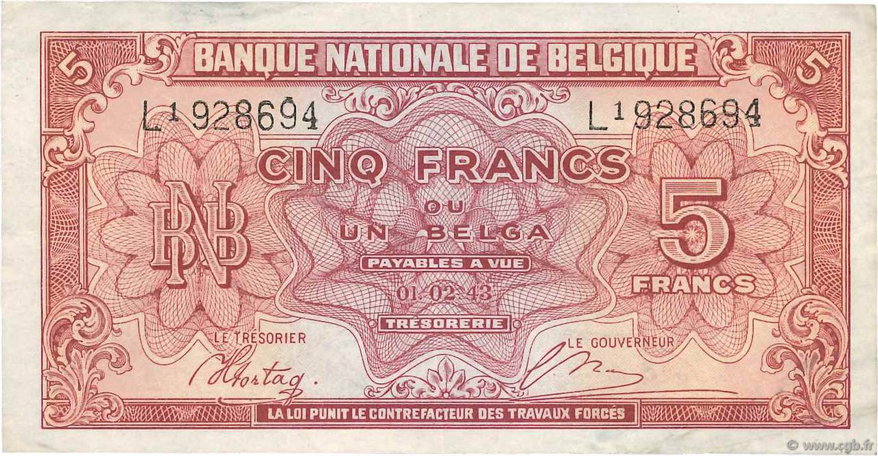 5 Francs - 1 Belga BÉLGICA  1943 P.121 MBC