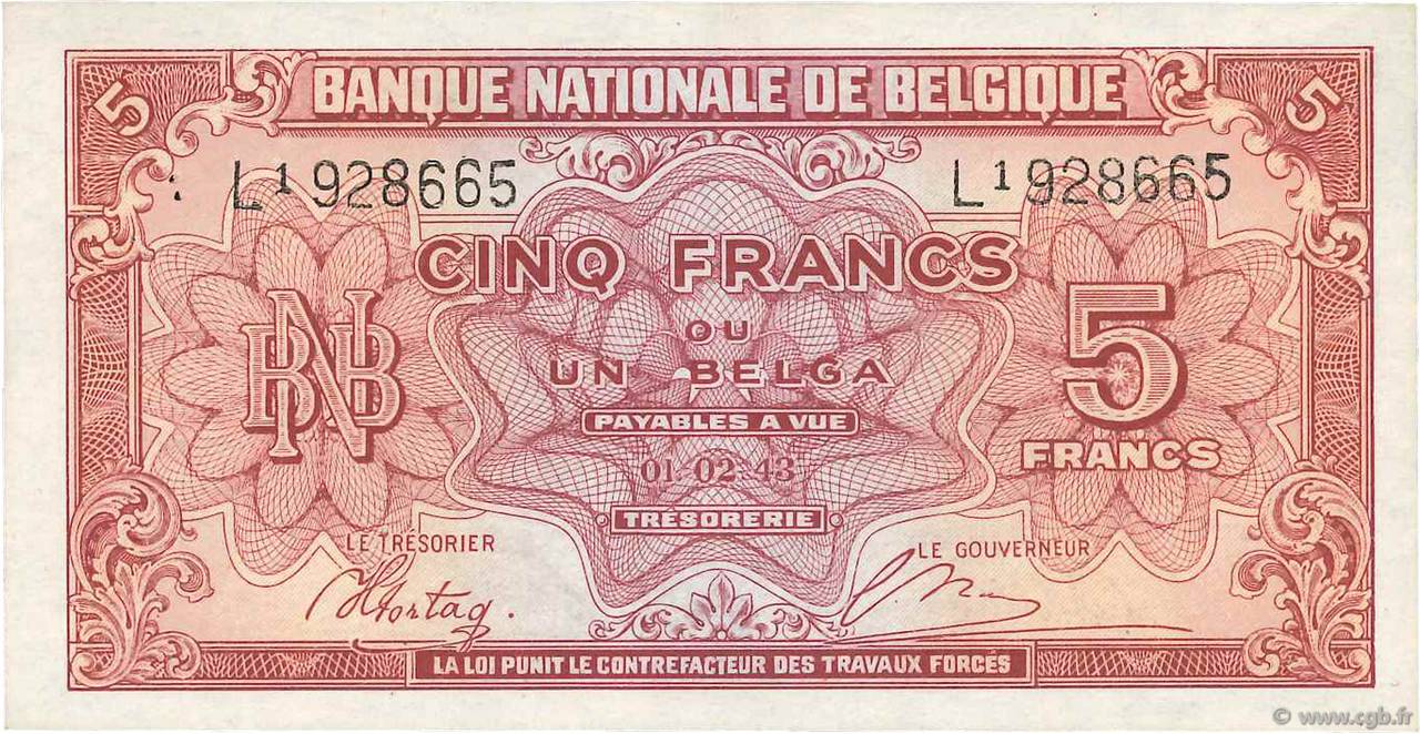 5 Francs - 1 Belga BELGIQUE  1943 P.121 SUP