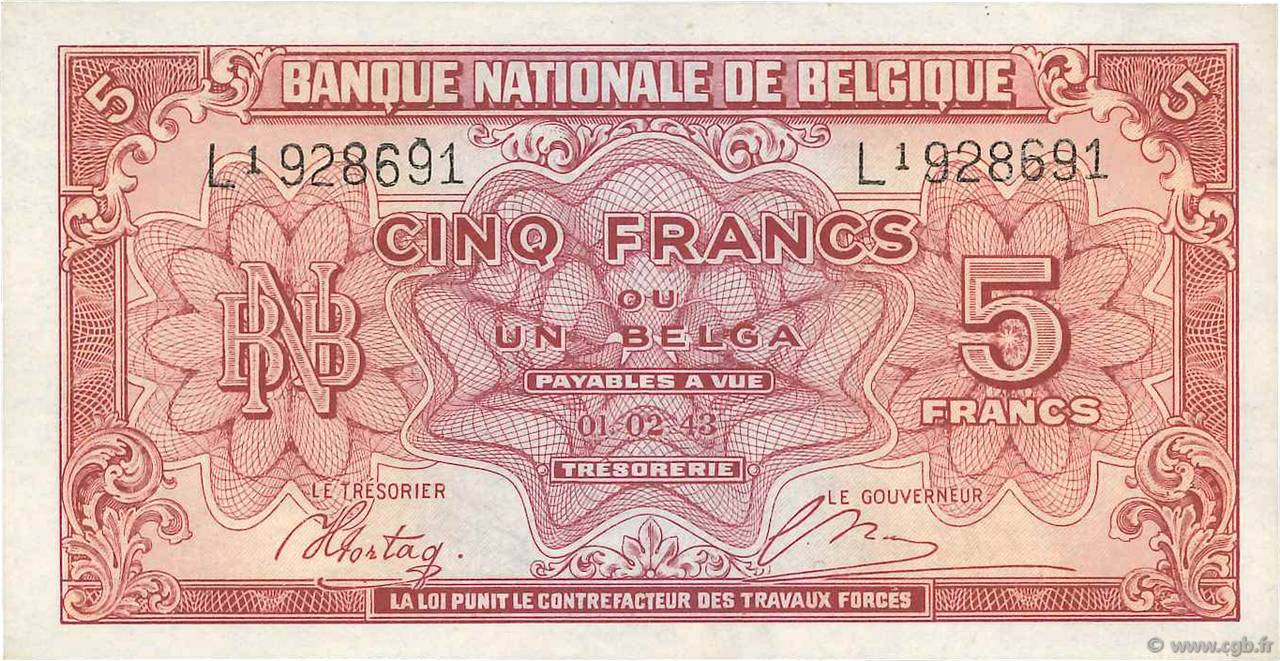 5 Francs - 1 Belga BÉLGICA  1943 P.121 SC+
