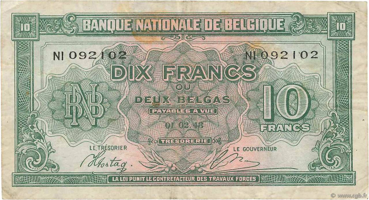 10 Francs - 2 Belgas BELGIO  1943 P.122 MB