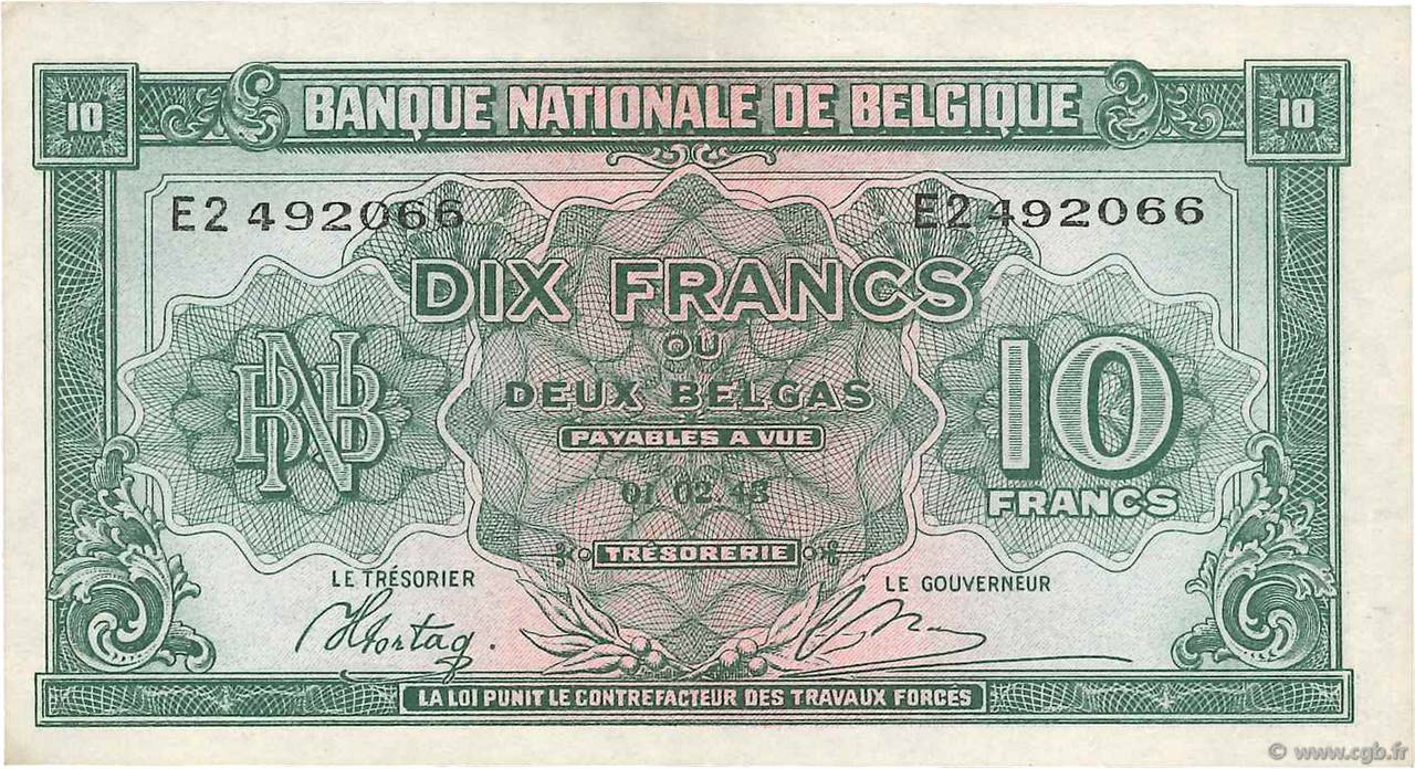 10 Francs - 2 Belgas BELGIO  1943 P.122 SPL
