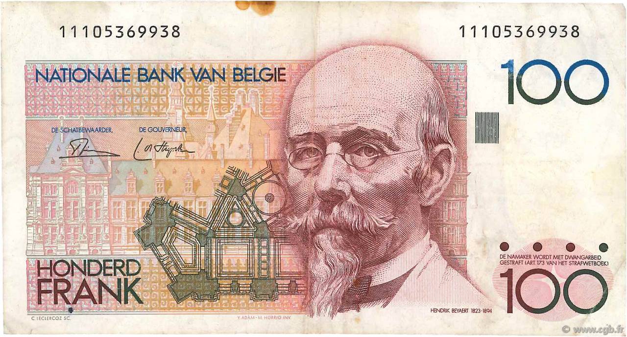 100 Francs BELGIQUE  1978 P.140a TB