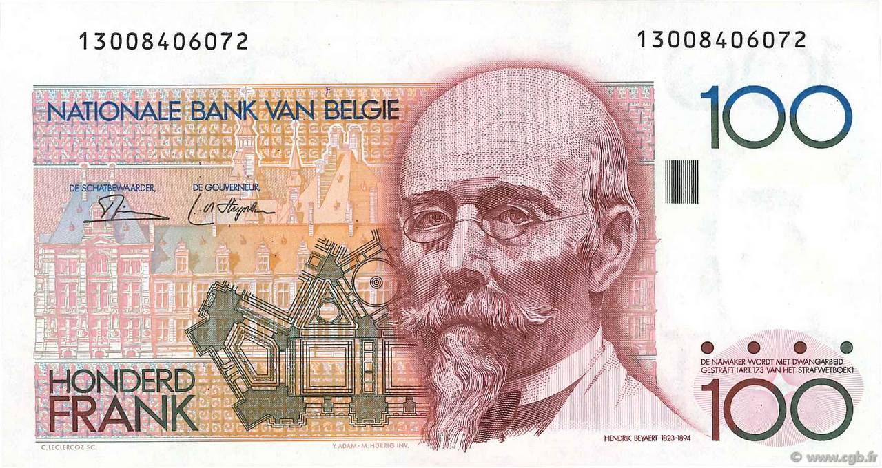 100 Francs BELGIO  1982 P.142a AU