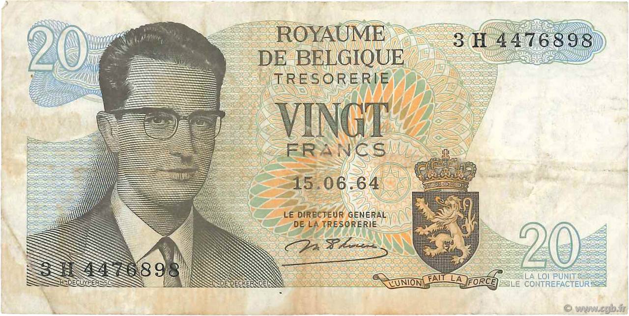 20 Francs BÉLGICA  1964 P.138 BC