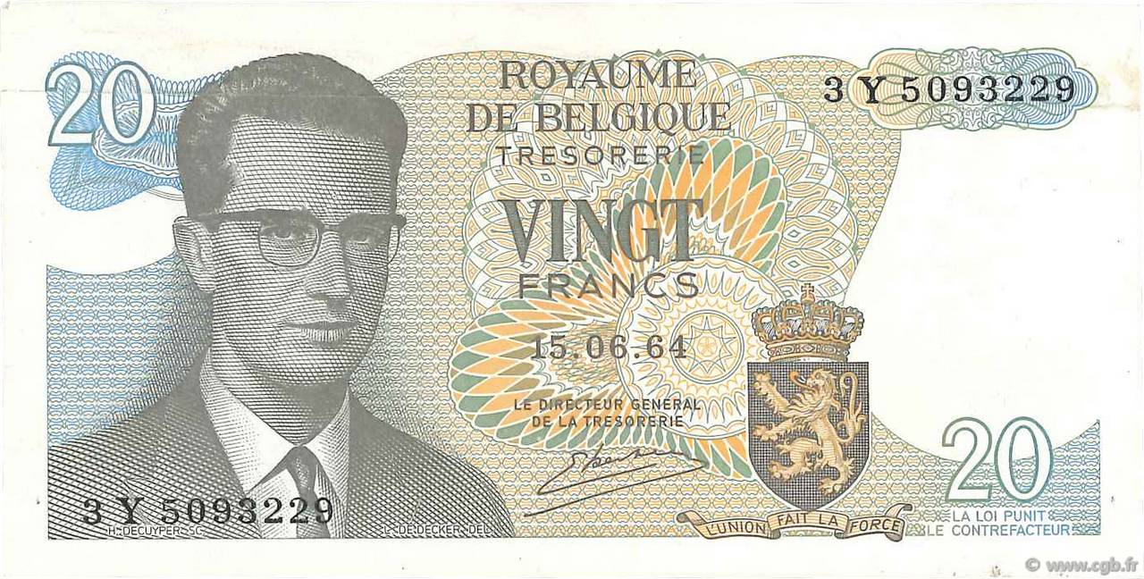 20 Francs BELGIO  1964 P.138 SPL