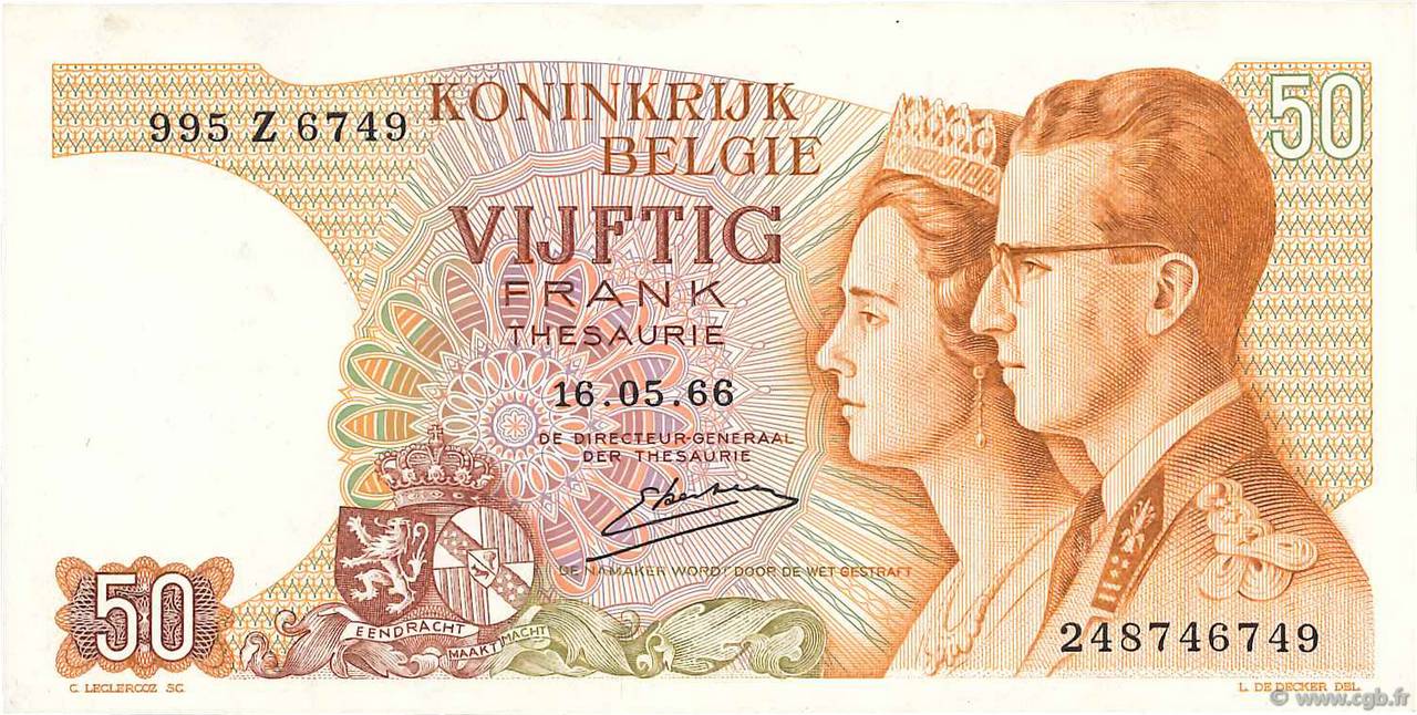 50 Francs BELGIO  1966 P.139 SPL
