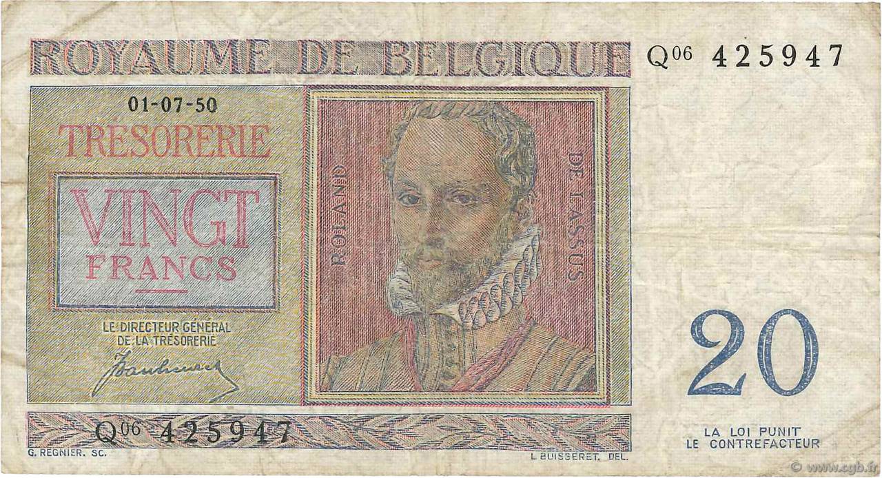 20 Francs BELGIEN  1950 P.132a S
