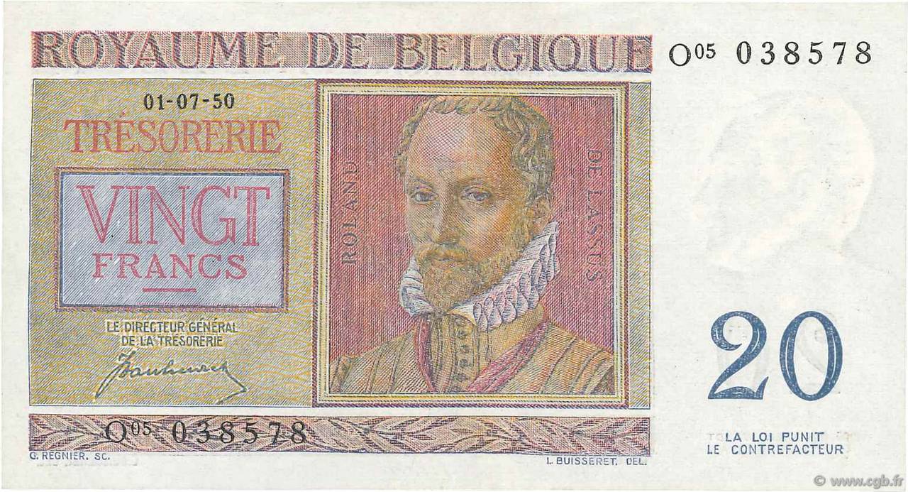 20 Francs BELGIUM  1950 P.132a VF