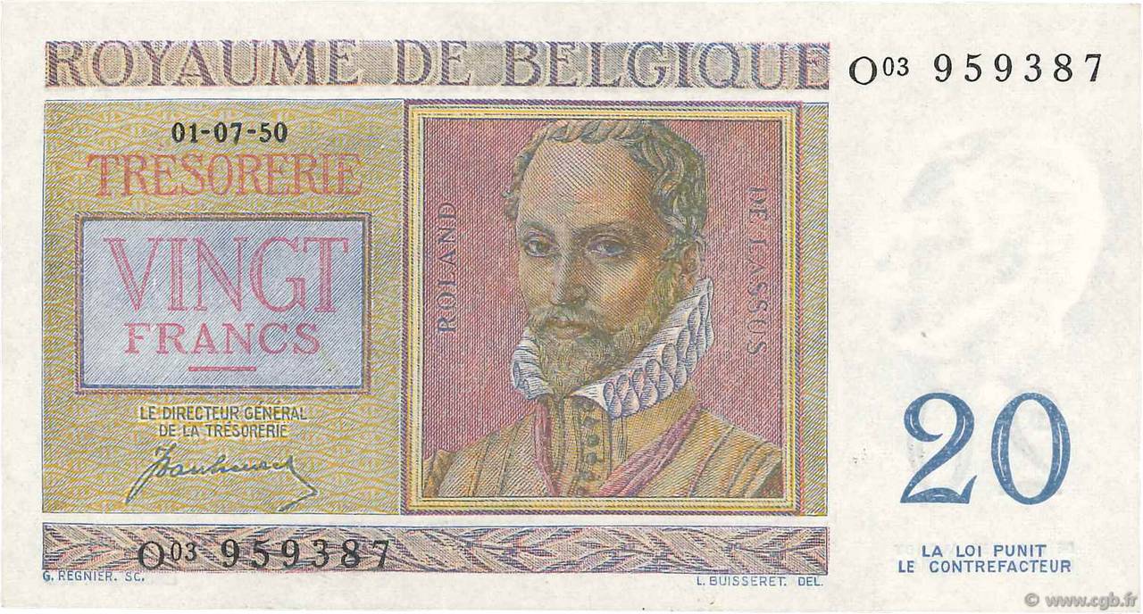20 Francs BELGIUM  1950 P.132a XF