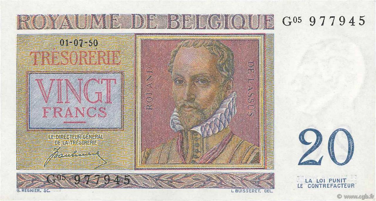 20 Francs BELGIUM  1950 P.132a UNC