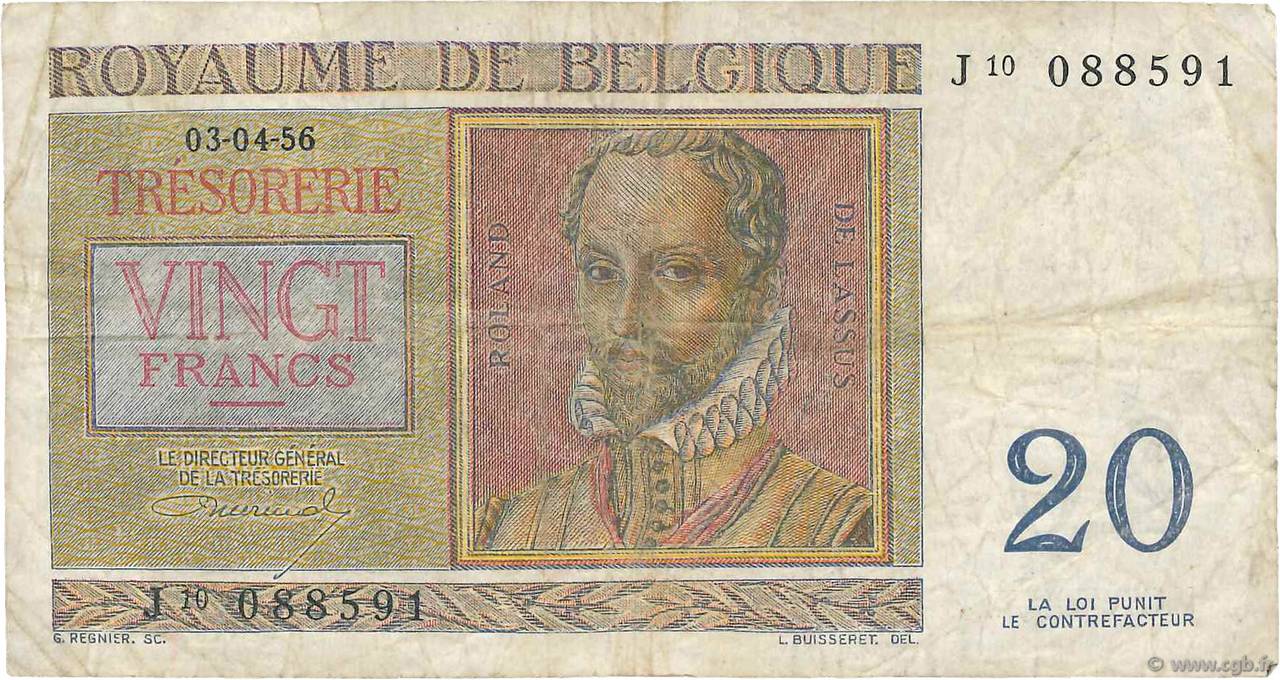 20 Francs BELGIUM  1956 P.132b F