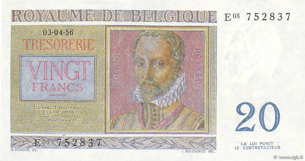 20 Francs BELGIUM  1956 P.132b AU