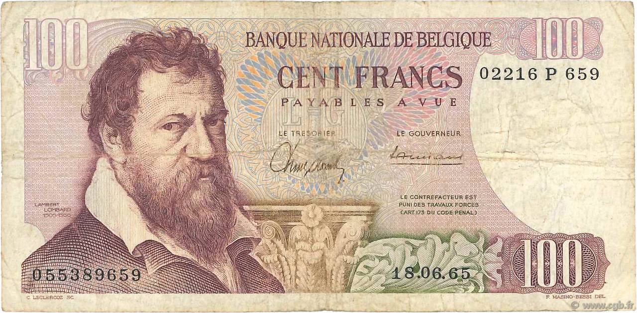 100 Francs BELGIUM  1962 P.134a F