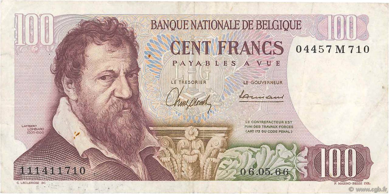 100 Francs BÉLGICA  1962 P.134a MBC