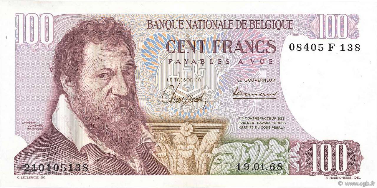 100 Francs BELGIUM  1962 P.134a UNC-
