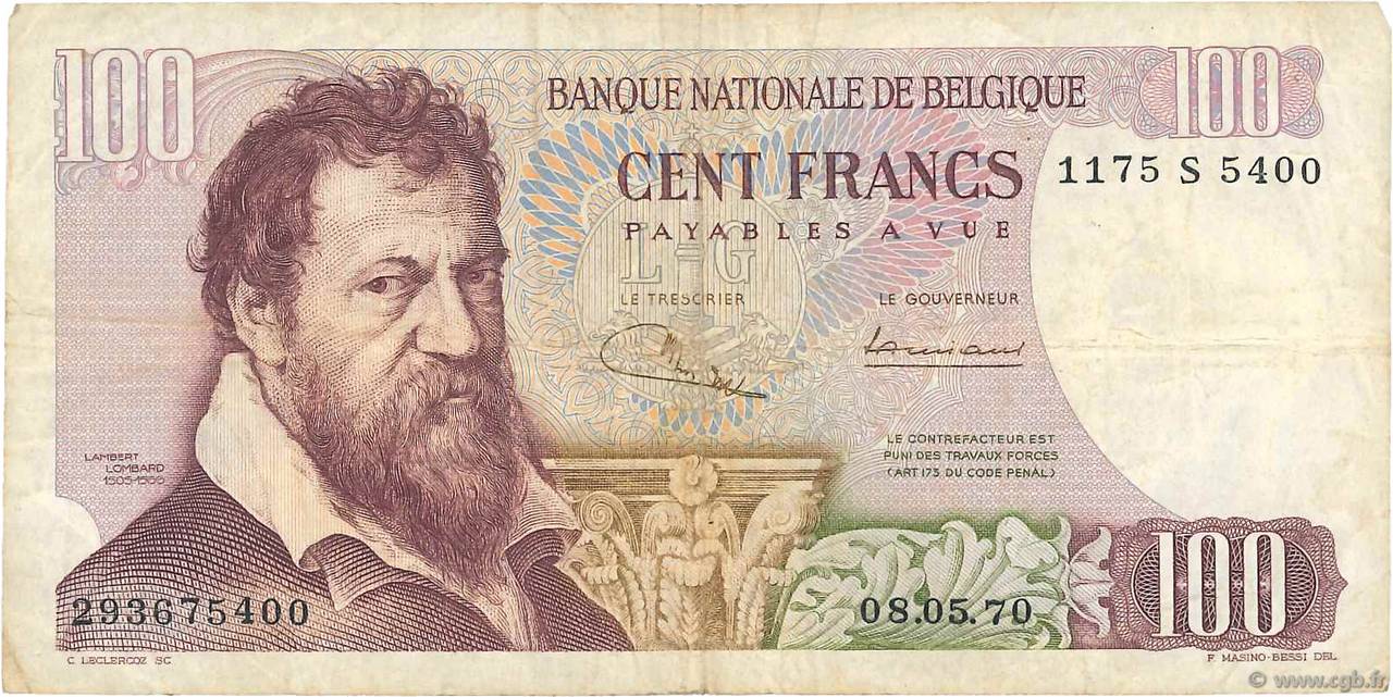 100 Francs BELGIO  1968 P.134a MB