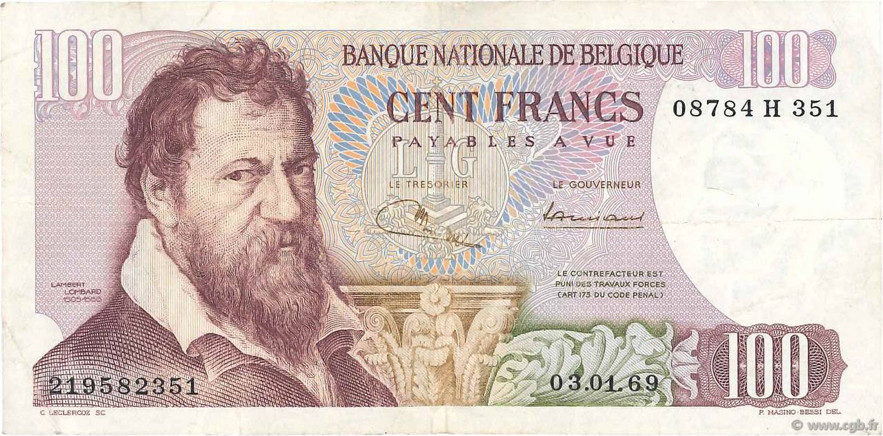 100 Francs BELGIO  1968 P.134a BB