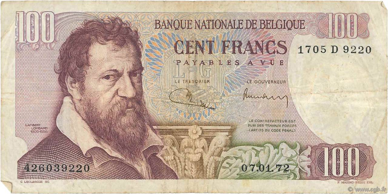 100 Francs BÉLGICA  1971 P.134b BC