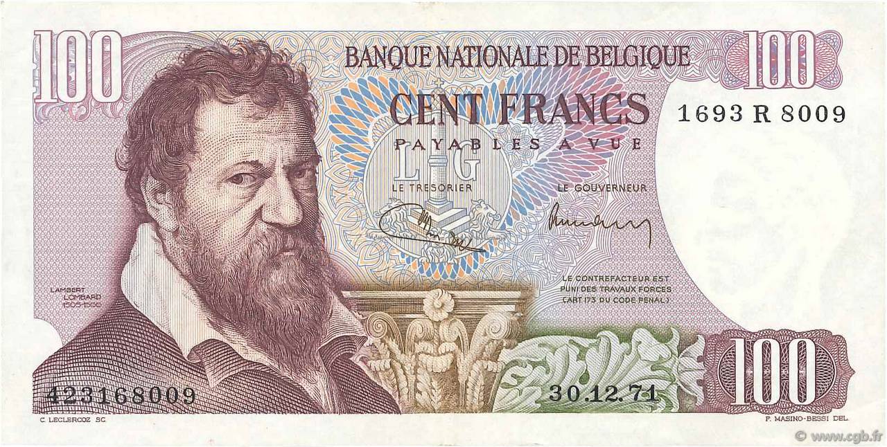 100 Francs BELGIUM  1971 P.134b XF