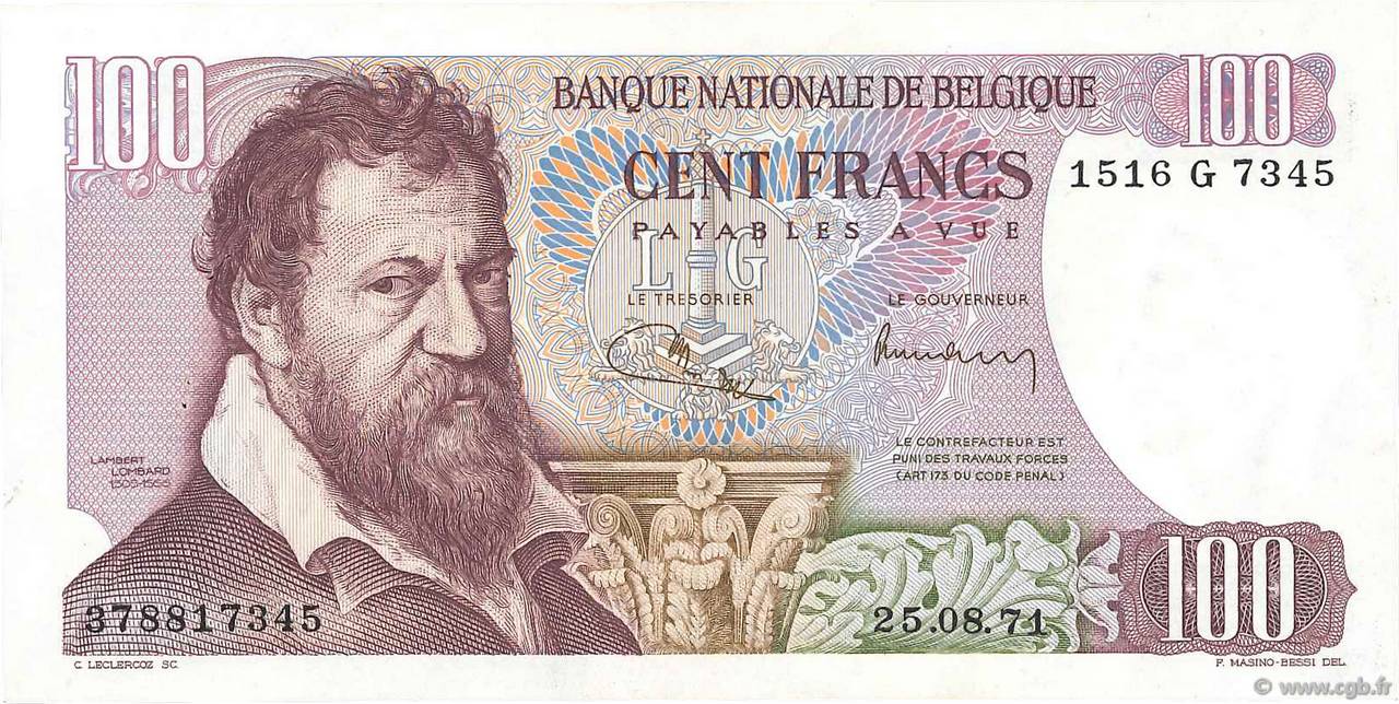 100 Francs BELGIEN  1971 P.134b fST