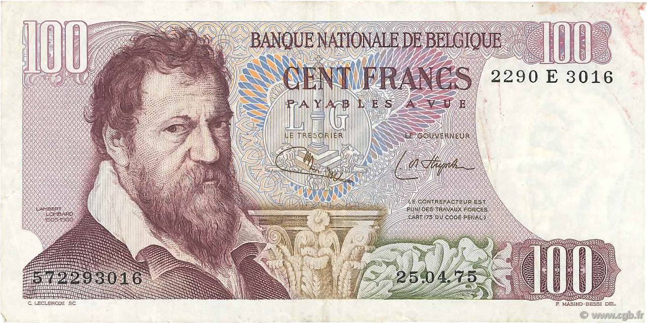 100 Francs BELGIO  1971 P.134b MB