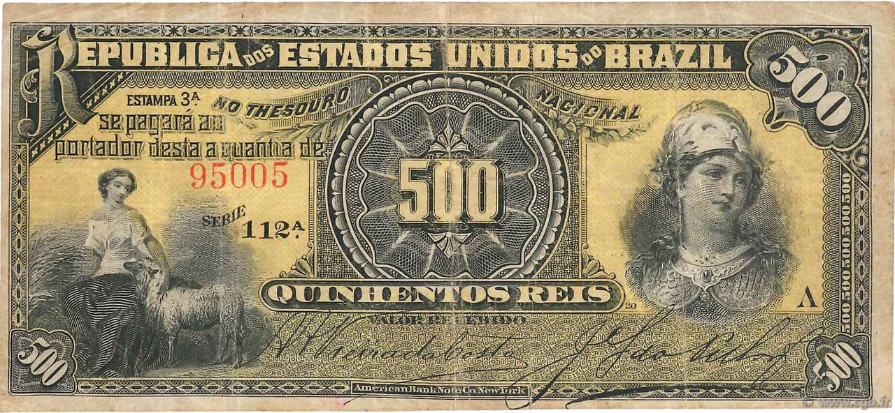 500 Reis BRAZIL  1893 P.001b F