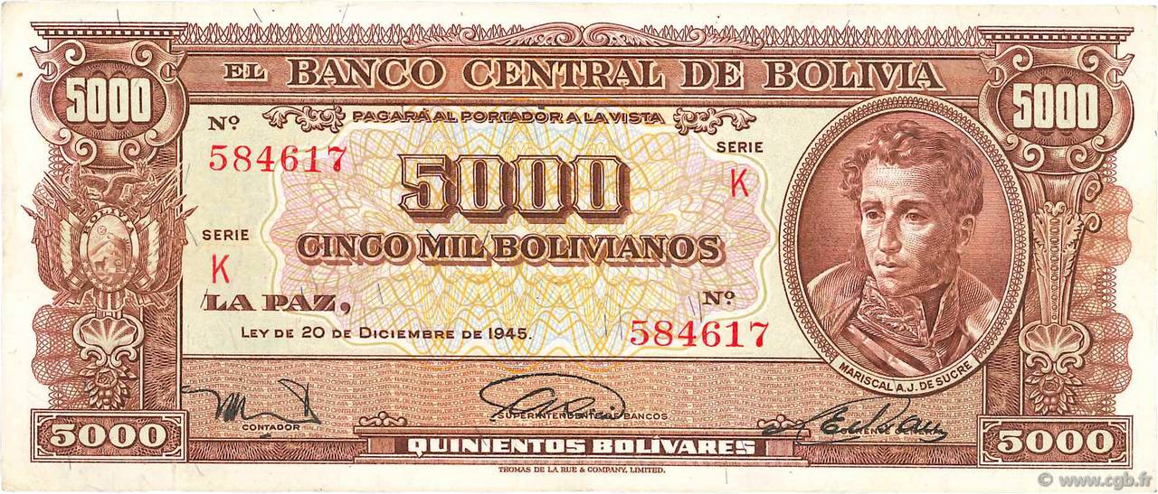 5000 Bolivianos BOLIVIEN  1945 P.145 SS