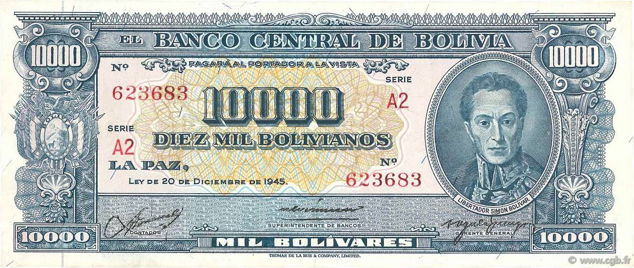 10000 Bolivianos BOLIVIA  1945 P.151 EBC+