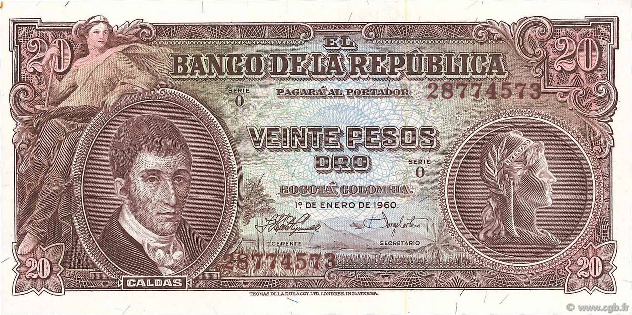 20 Pesos Oro KOLUMBIEN  1960 P.401b fST+