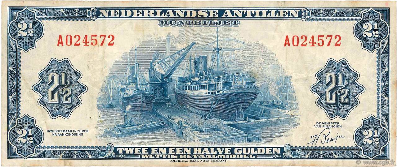 2,5 Gulden ANTILLE OLANDESI  1955 P.A01a q.BB