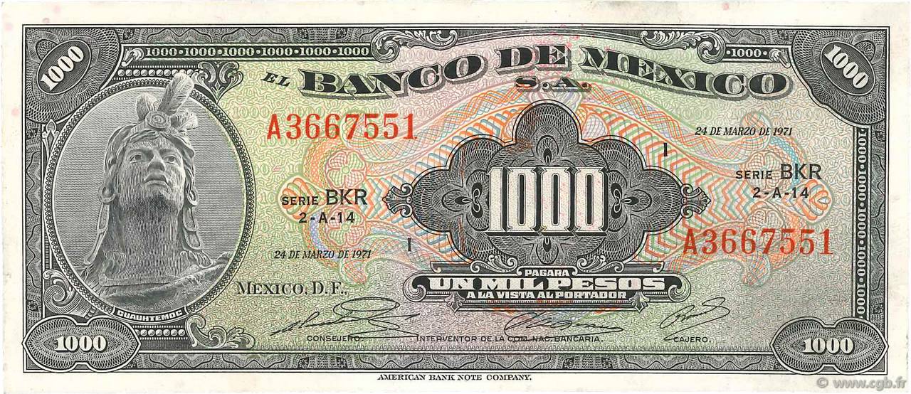 1000 Pesos MEXICO  1971 P.052o EBC+