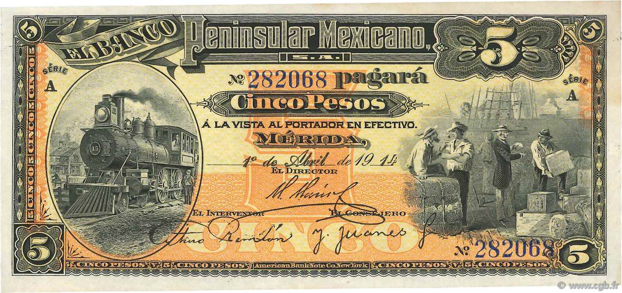 5 Pesos MEXICO Mérida 1914 PS.0465a SC+