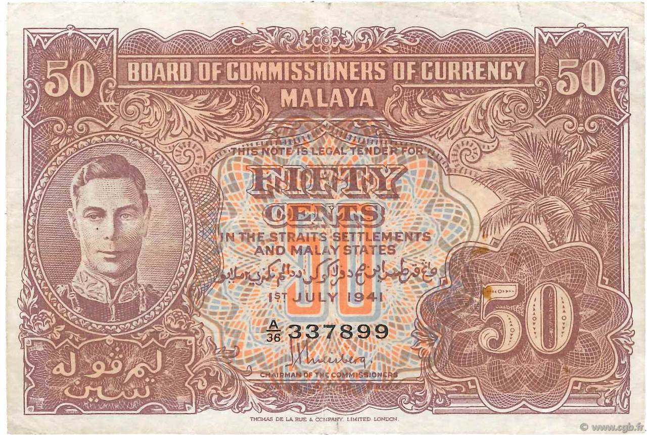 50 Cents MALAYA  1941 P.10b F+