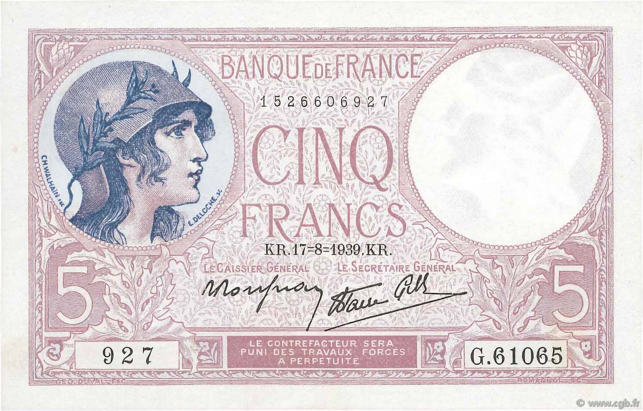 5 Francs FEMME CASQUÉE modifié FRANCE  1939 F.04.06 XF