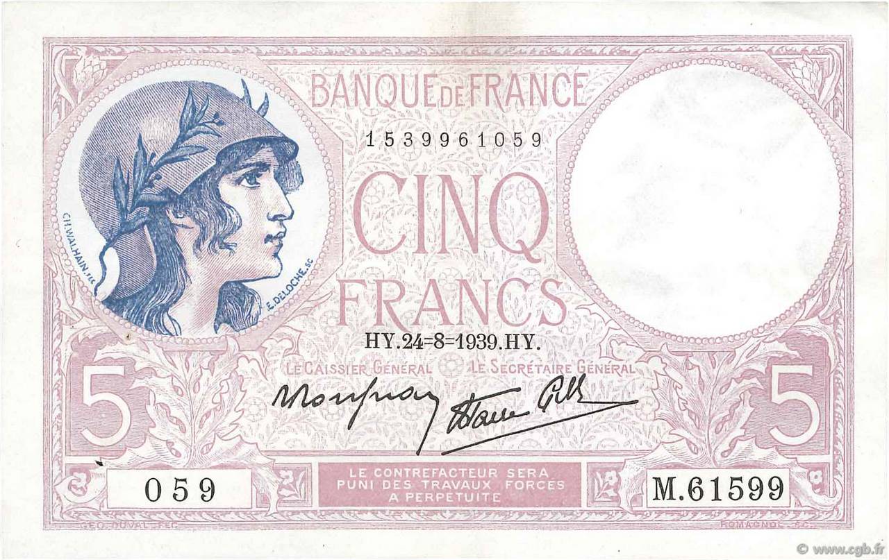 5 Francs FEMME CASQUÉE modifié FRANCE  1939 F.04.07 VF+