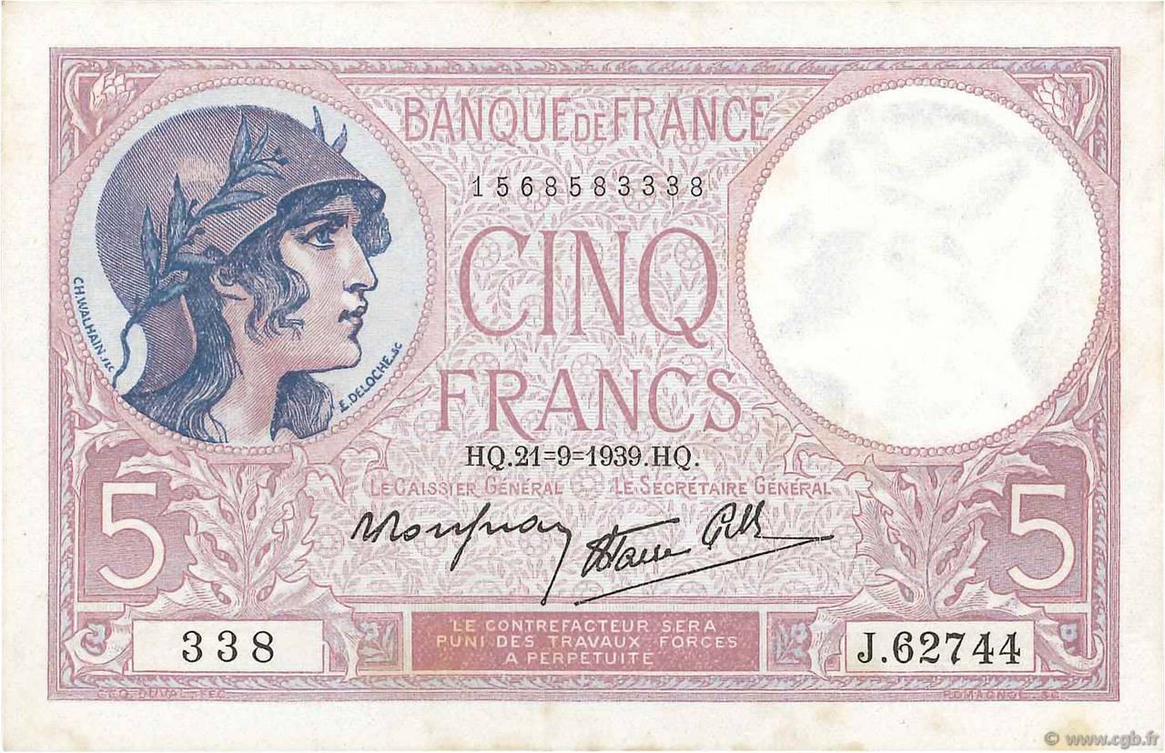 5 Francs FEMME CASQUÉE modifié FRANCIA  1939 F.04.09 q.AU