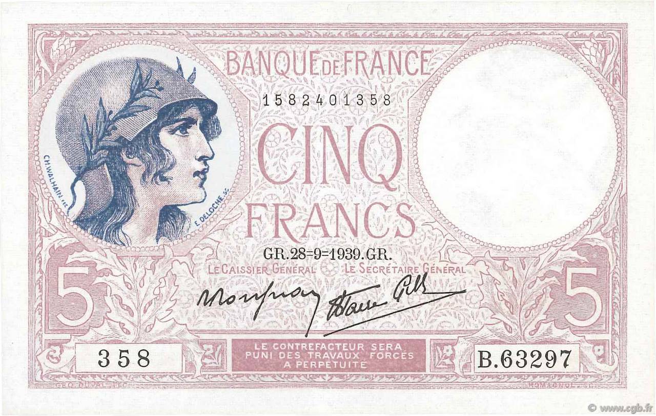 5 Francs FEMME CASQUÉE modifié FRANKREICH  1939 F.04.10 fST