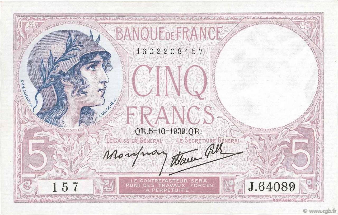 5 Francs FEMME CASQUÉE modifié FRANKREICH  1939 F.04.11 VZ+