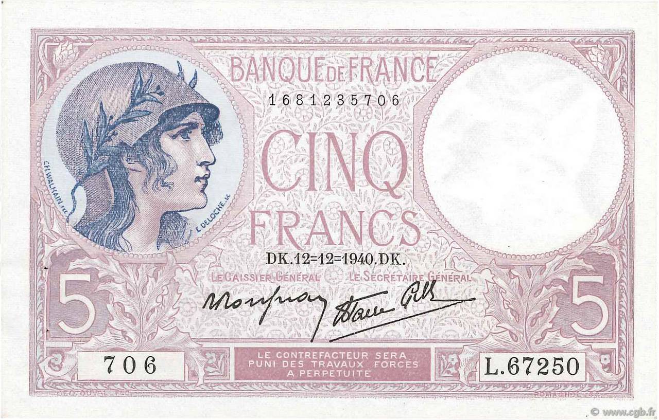 5 Francs FEMME CASQUÉE modifié FRANCE  1940 F.04.17 XF
