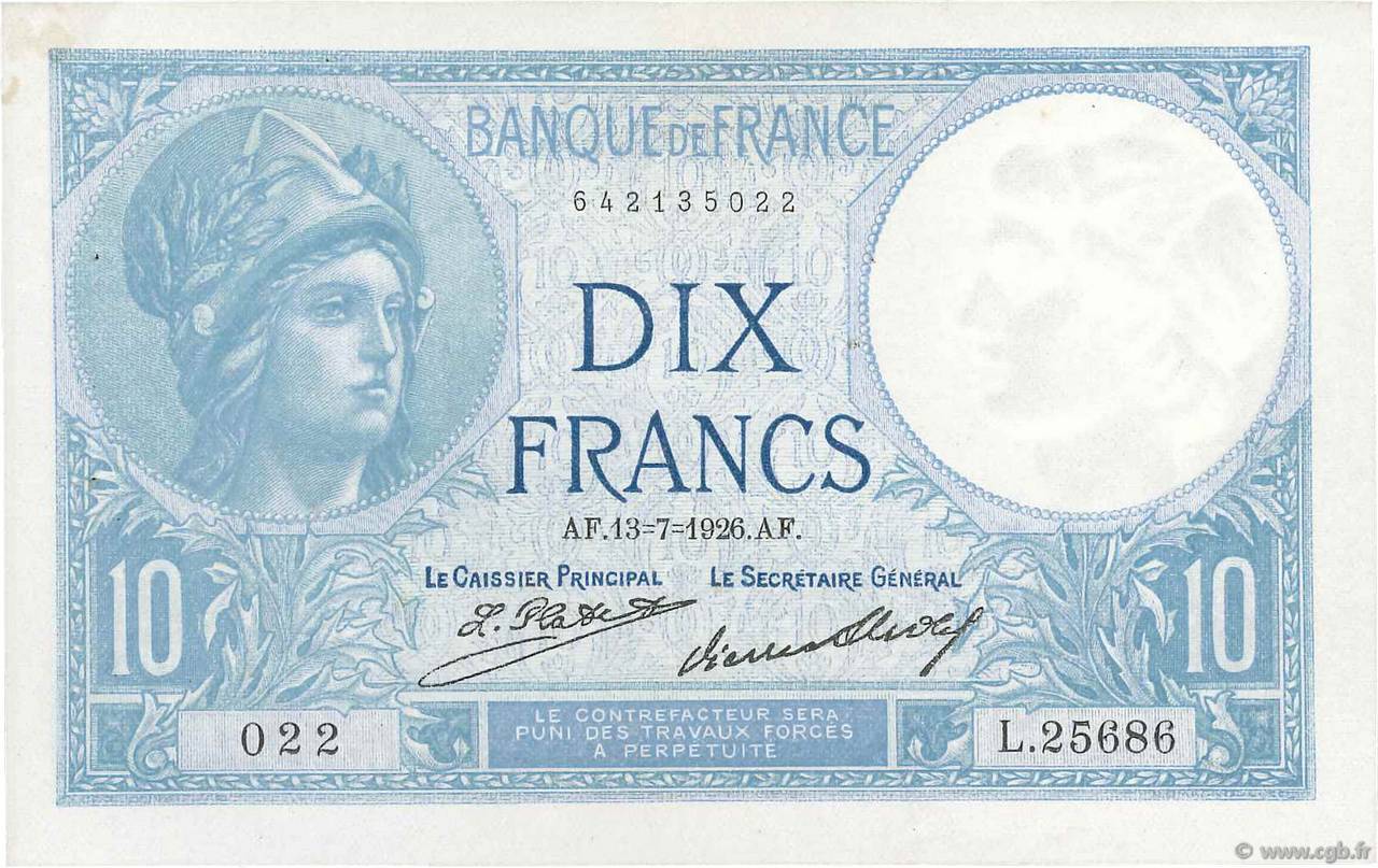 10 Francs MINERVE FRANCIA  1926 F.06.11 MBC+