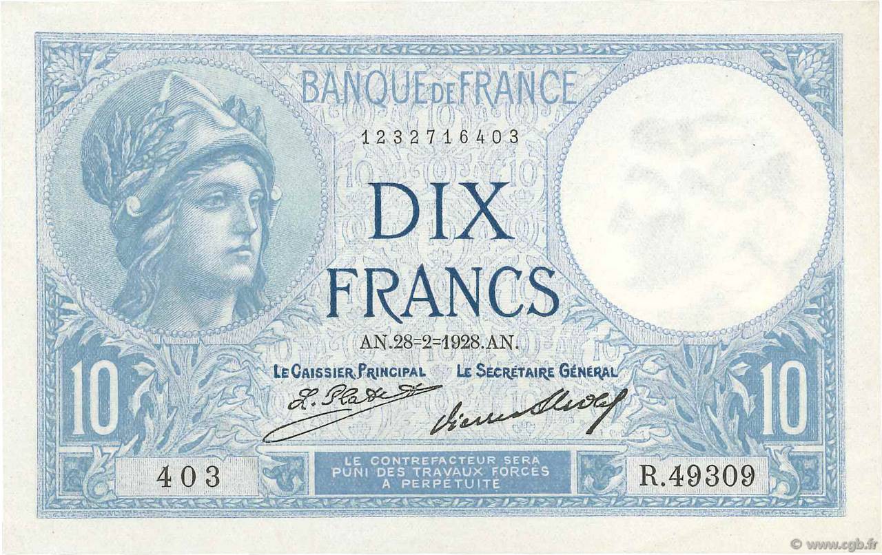 10 Francs MINERVE FRANCE  1928 F.06.13 AU-