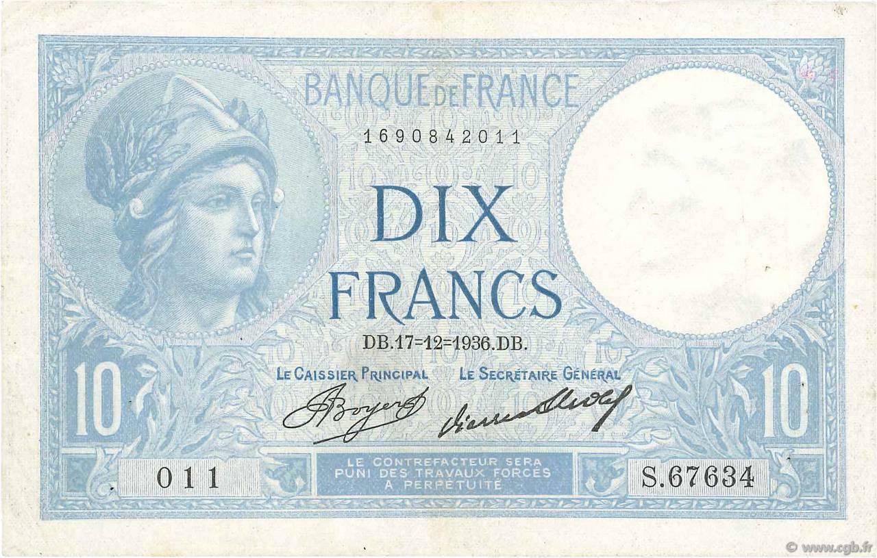 10 Francs MINERVE FRANCIA  1936 F.06.17 BB